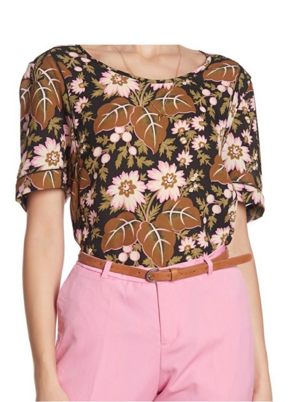 Scotch & Soda Black Floral Short-Sleeve Blouse with Pink, Black and Brown Print